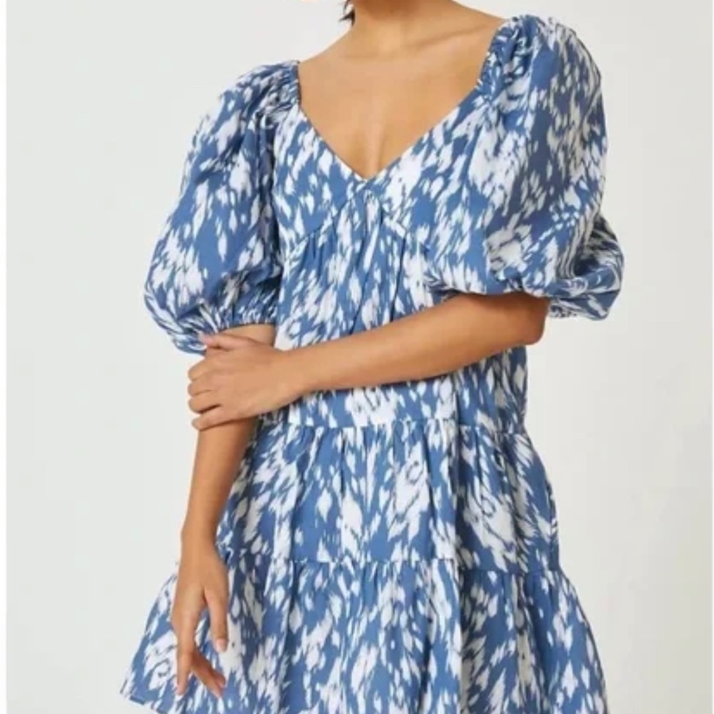 Anthropologie blue and white puff sleeve dress